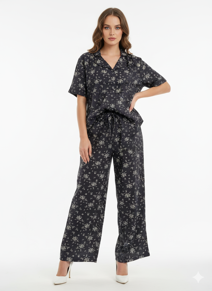 Women's Floral Linen Co-Ord Set | Modest Shirt & Palazzo Set | Plus Size S-3XL