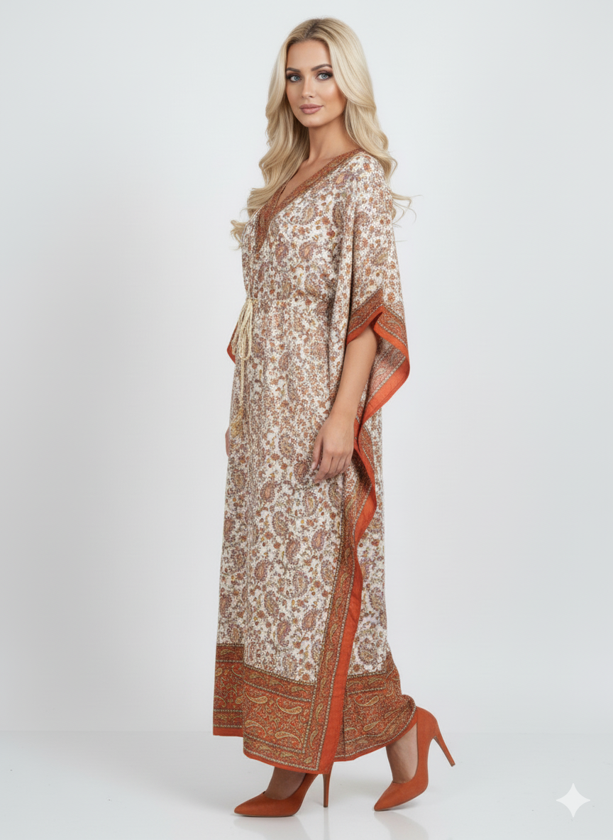 Orange Border Paisley Kaftan | Modest Polyester Abaya Maxi Dress | Jalabiya