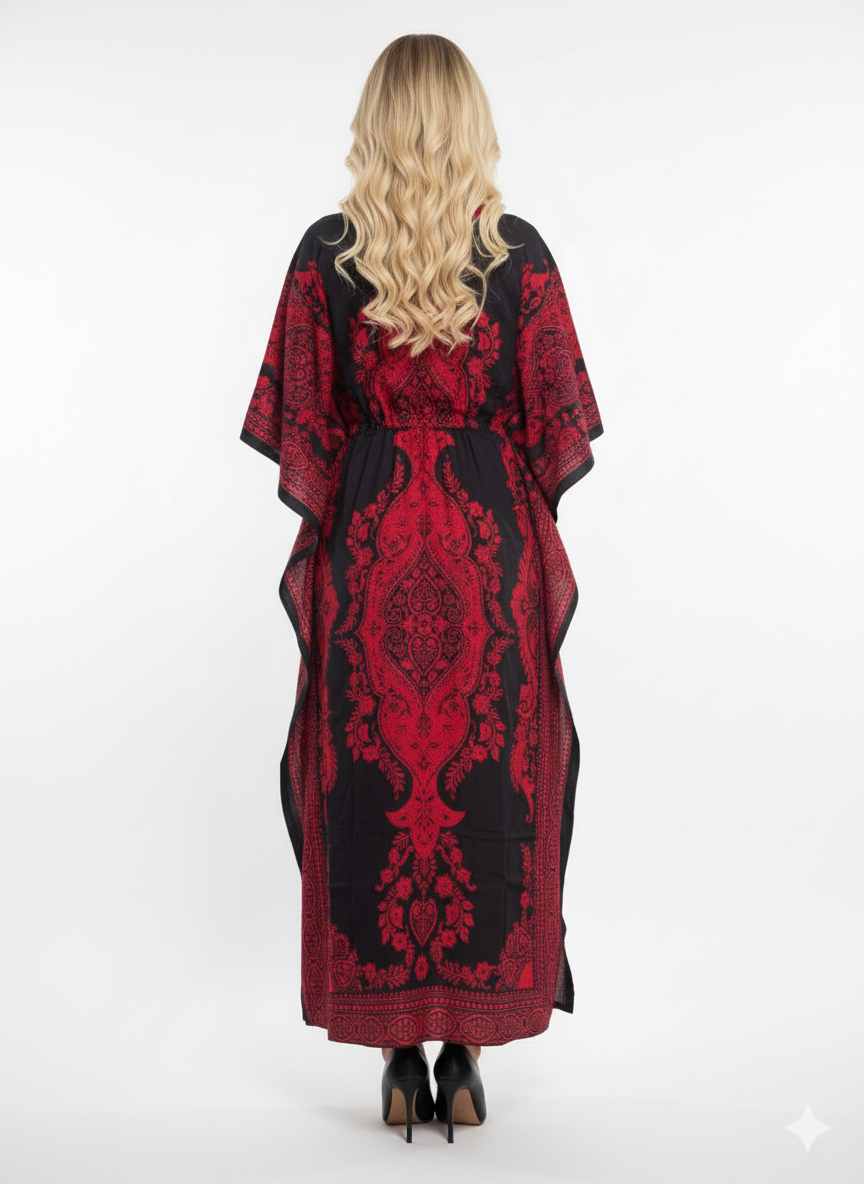 Maroon Black Trendy Paisley Kaftan | Polyester Abaya Maxi Dress | Jalabiya