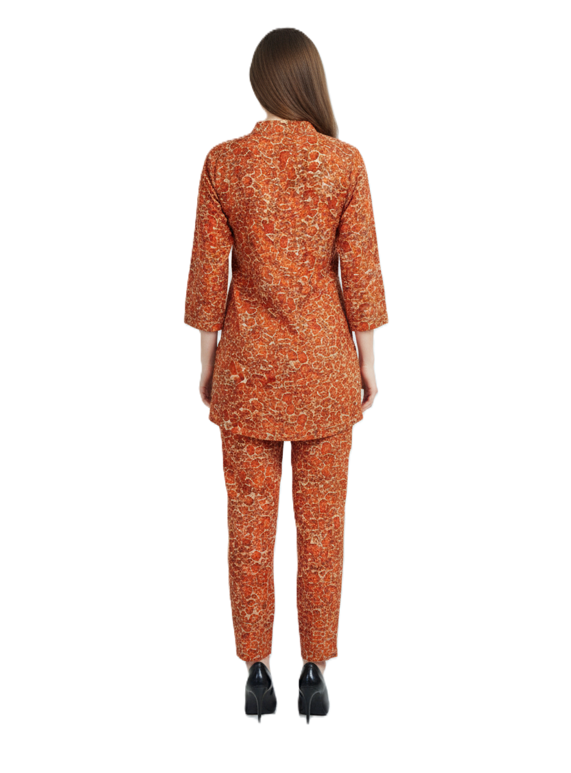 Orange Red Abstract Kurti & Pant Co-ord Set | Rayon Modest Wear