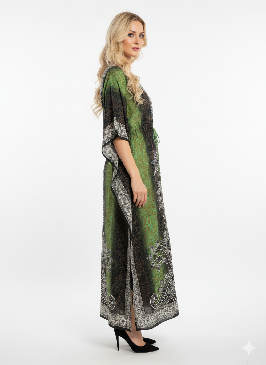 Green Ombré Paisley Kaftan | Polyester Abaya Maxi Dress| Jalabiya