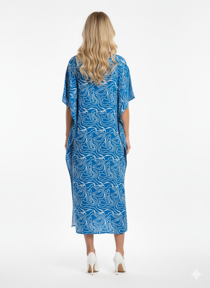 Royal Blue & White Abstract Swirl Print Kaftan | Beach Cover-Up & Modest Loungewear
