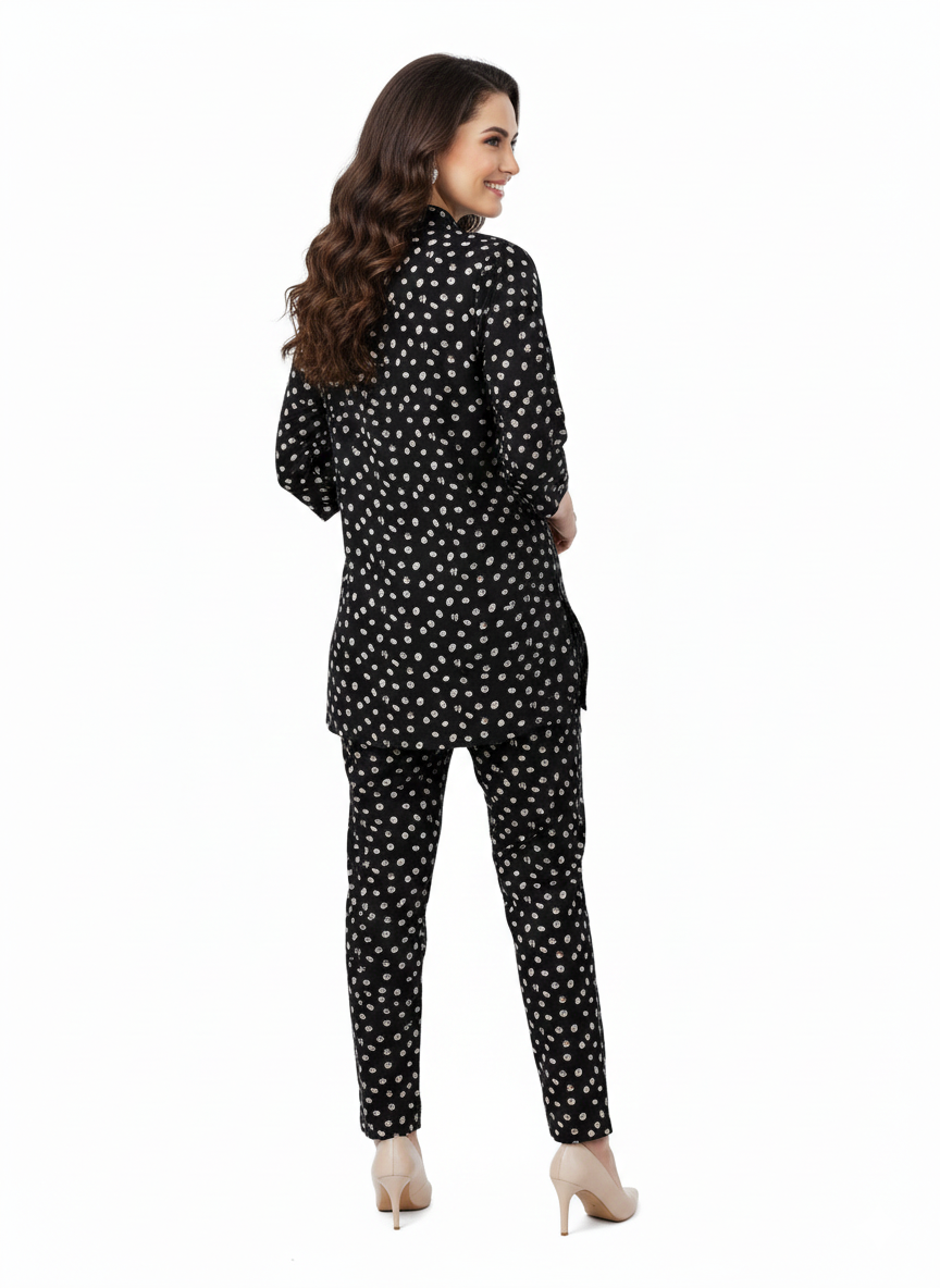 Midnight Polka Dot Printed Kurti Co-ord Set | Rizqé by Zadine Classic Tunic & Trousers