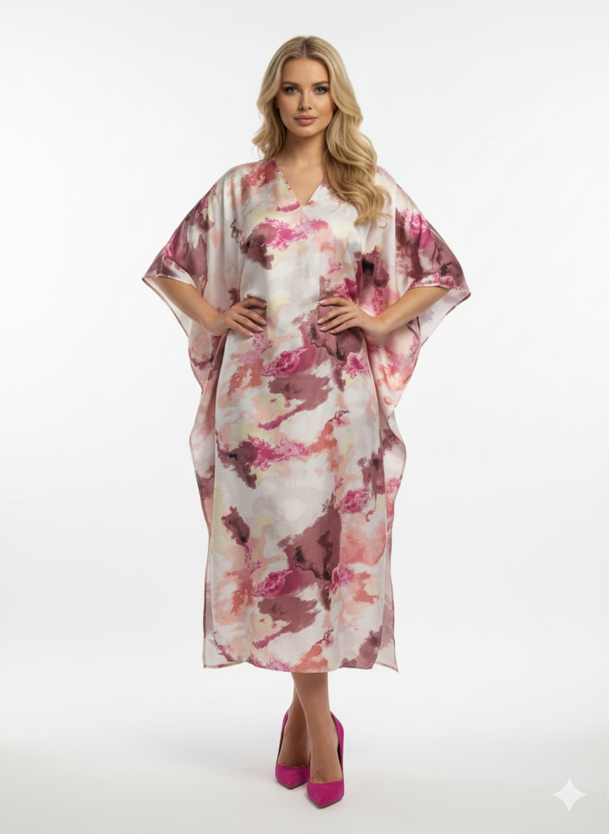 Luxury Satin Abstract Print in Pink, Mauve & Ivory Kaftan | Beach Cove   Rizq