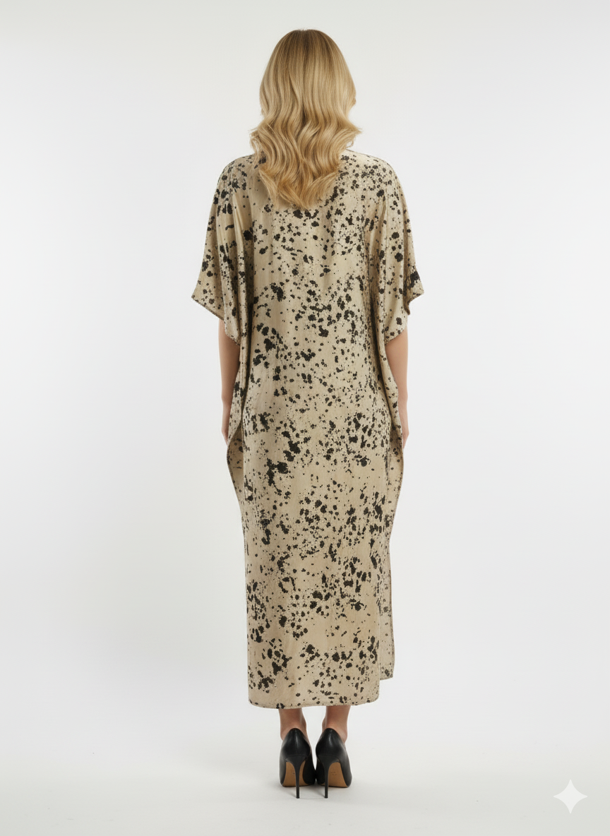 Chic Golden & Black Splatter Print Satin Kaftan | Beach Cover-Up & Modest Loungewear