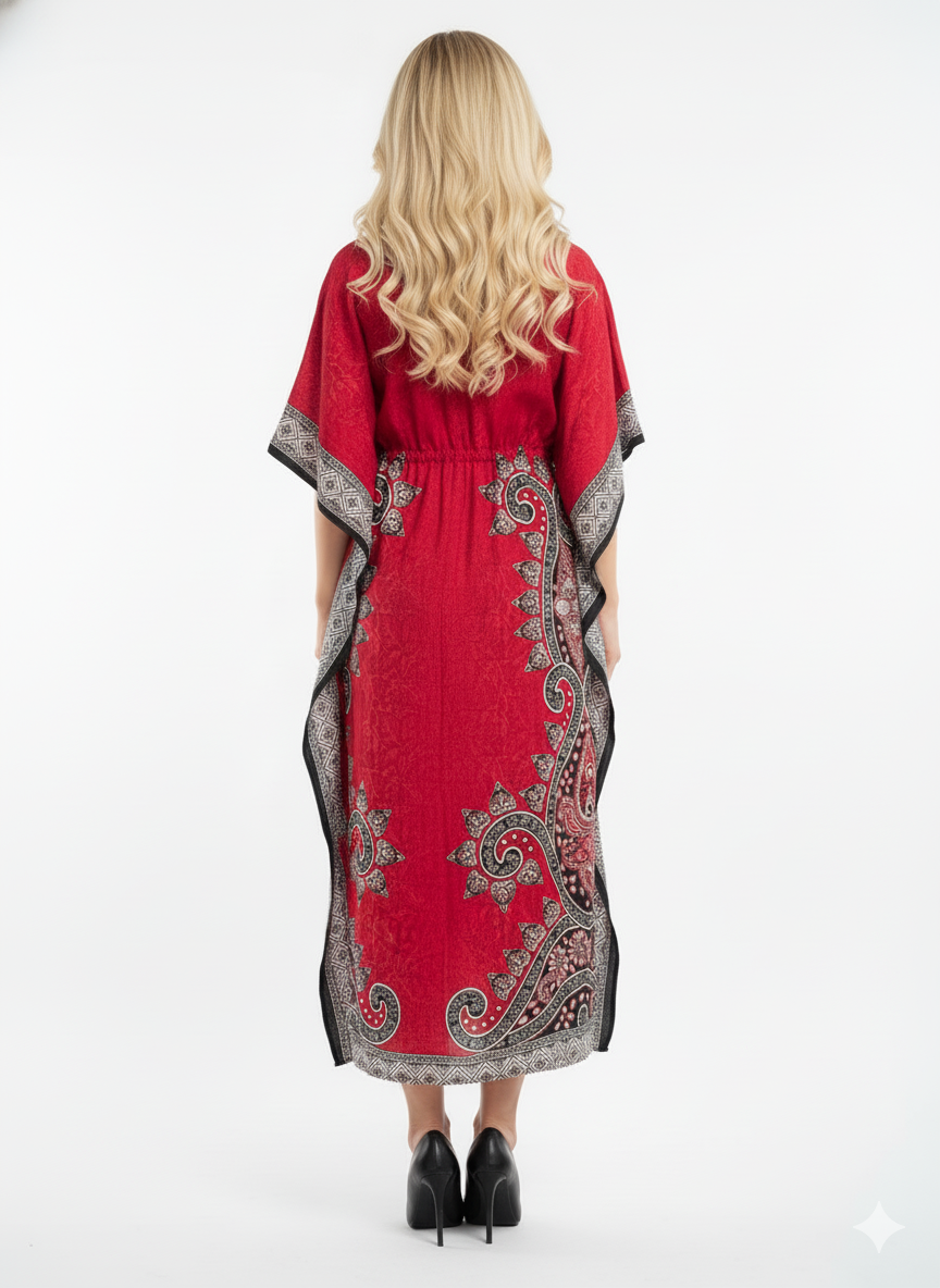 Gorgeous Red Paisley Kaftan | Polyester Abaya Maxi Dress | Jalabiya