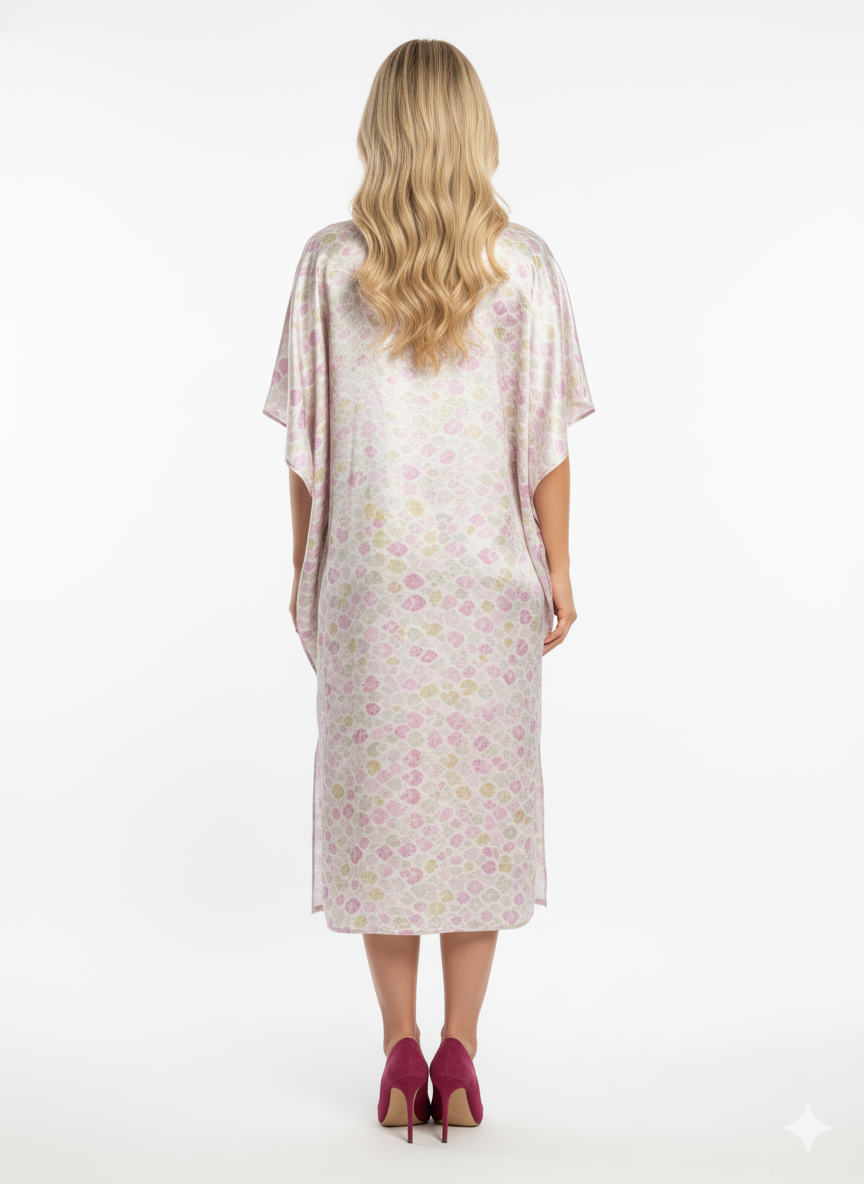 Chic Pastel Heart Print Satin Kaftan | Loungewear Maxi Dress | Elegant Beach Cover-Up
