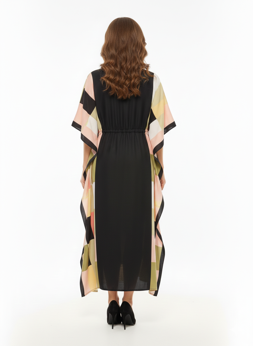 Rizqé Geometric Prism Block-Print Drawstring Kaftan | Beach Wrap