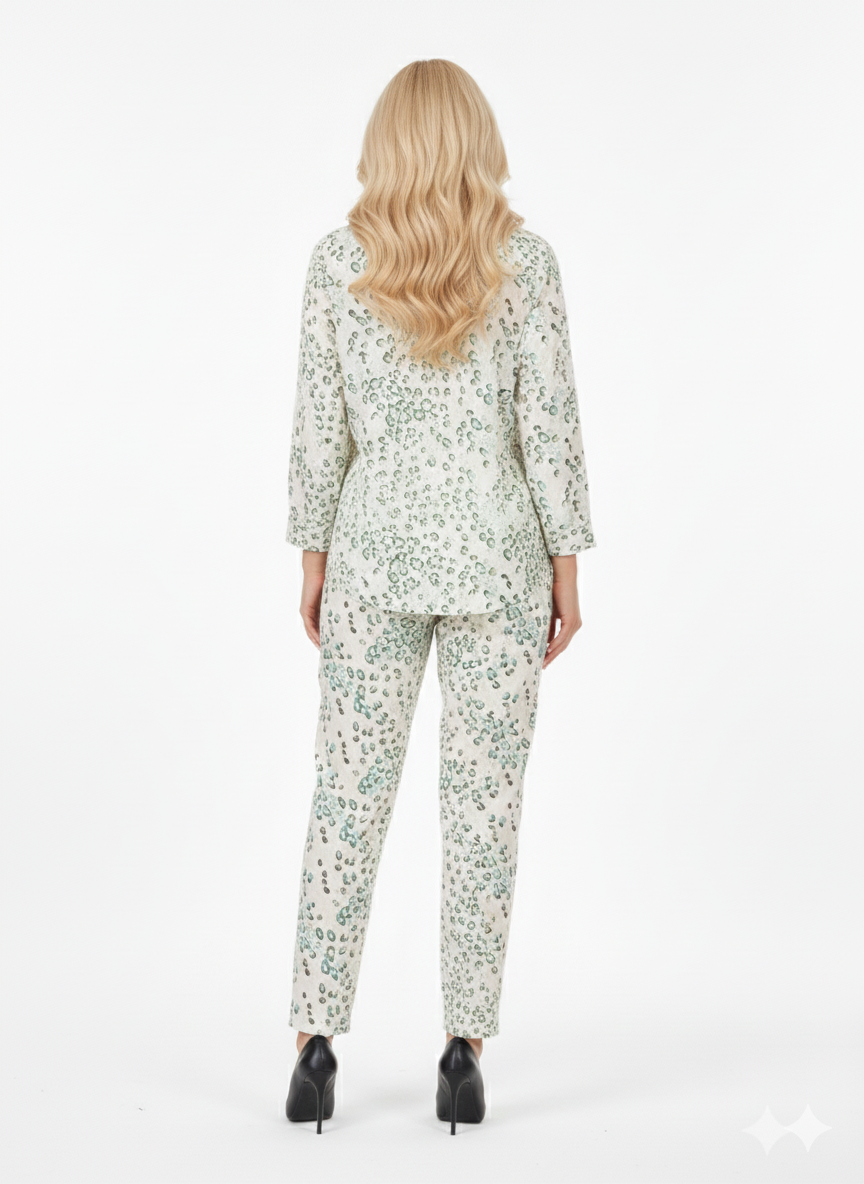 Kiwi Spot Co-ord Set | Rizqé Cream Green Leopard Chiffon Feel Shirt and Trousers