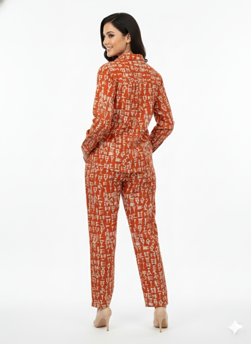 Ancient Script Co-ord Set | Rizqé Orange Print Long Sleeve Shirt and Trousers