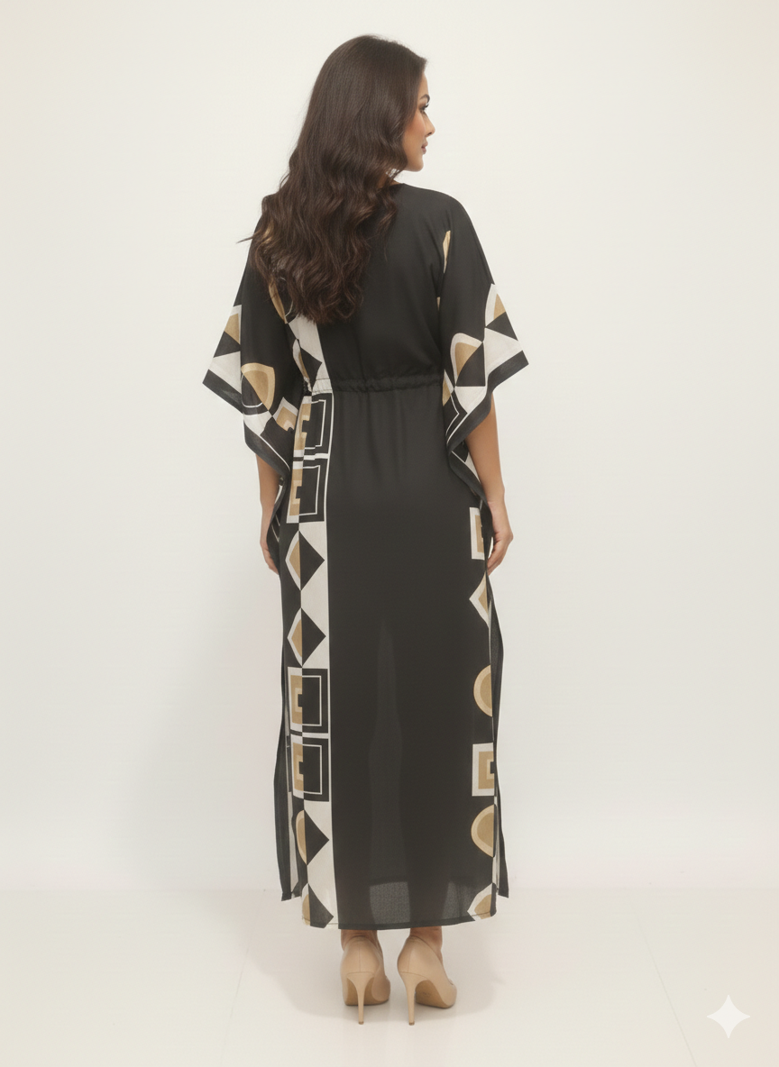 Rizqé Geometric Onyx Block-Print Drawstring Kaftan | Beach Wrap