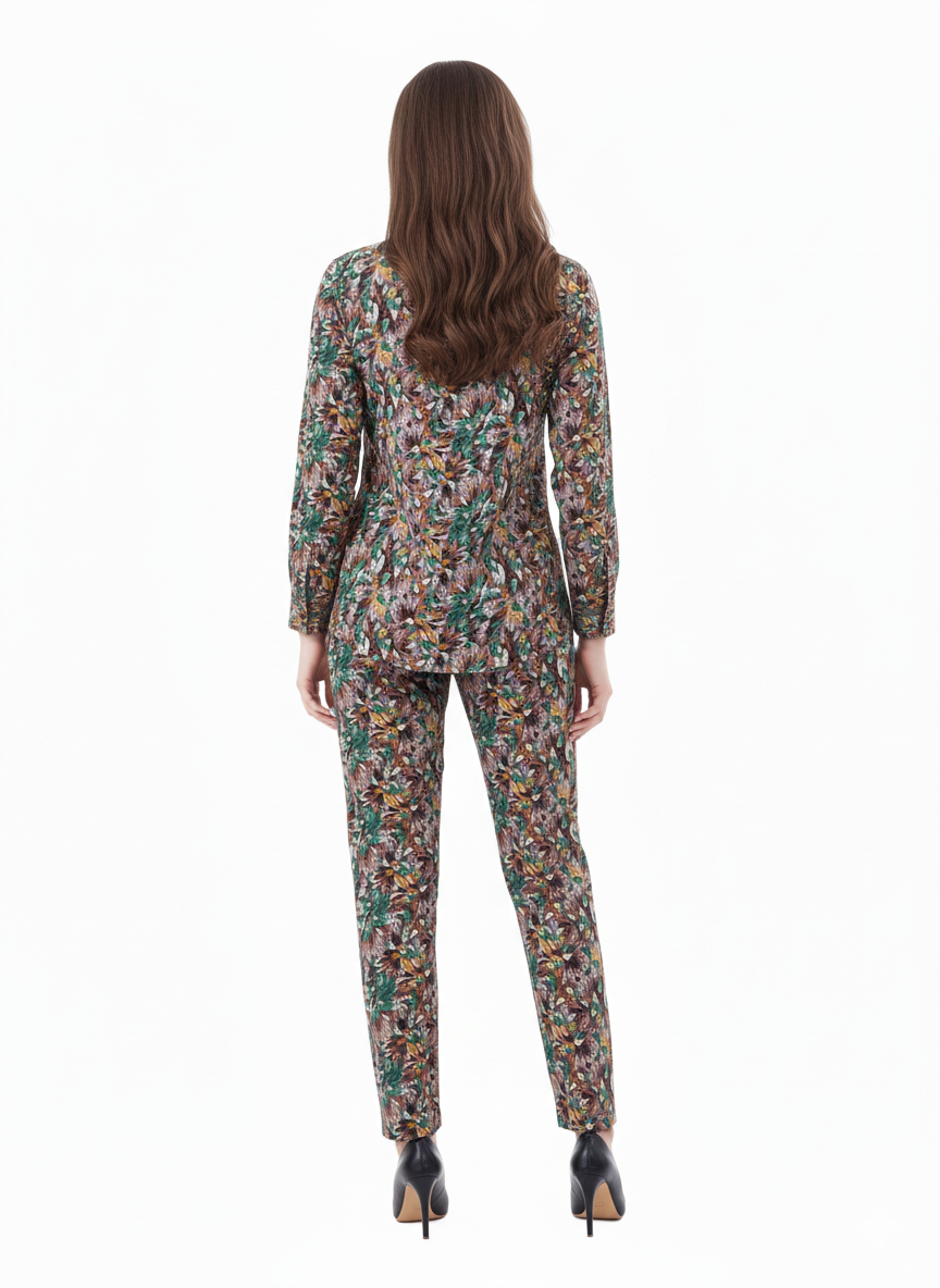 Tropical Earth Co-ord Set | Rizqé Brown Floral Print Chiffon Feel Shirt and Trousers