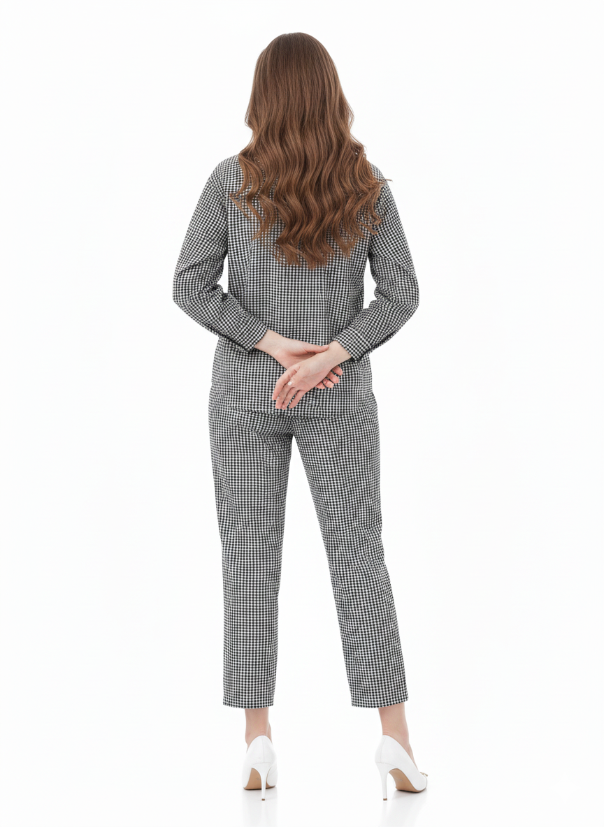 Monochrome Check Co-ord Set | Rizqé Black & White Houndstooth Chiffon Feel Shirt and Trousers