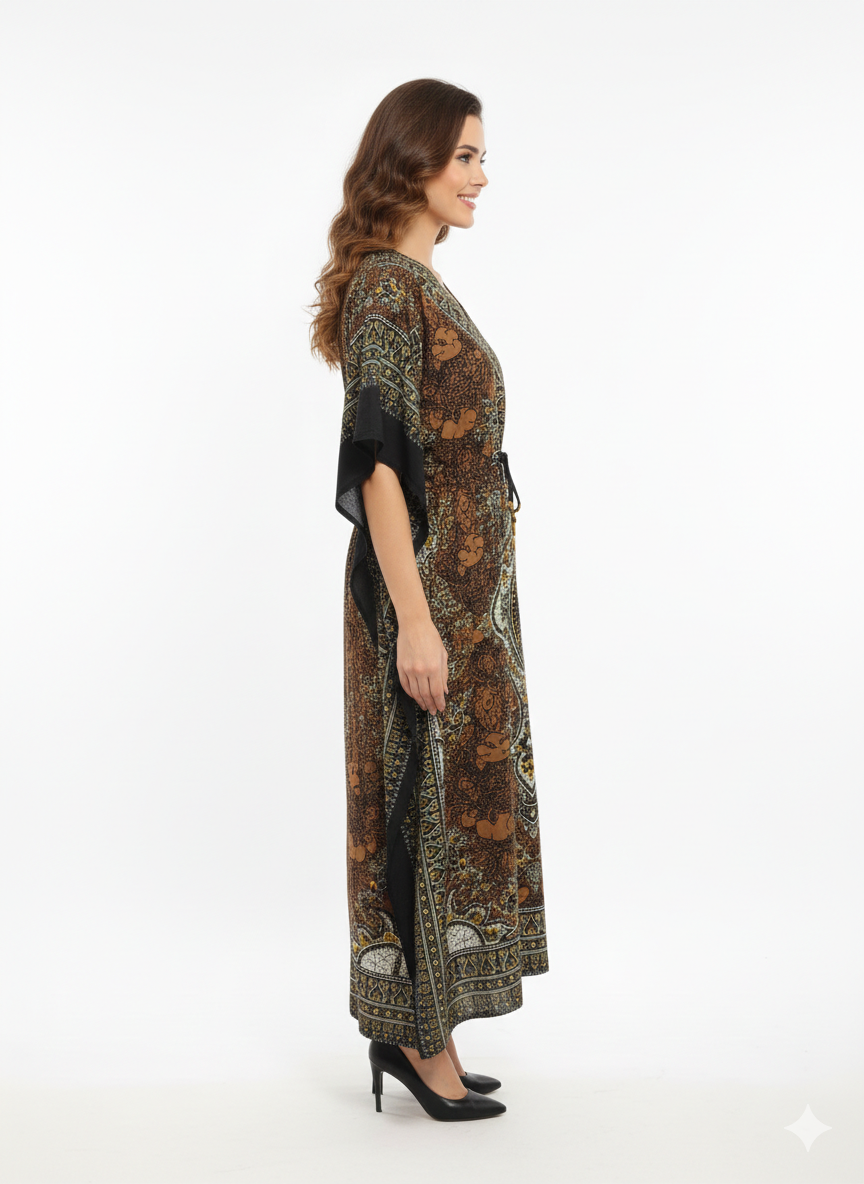 Rizqé Bronze Earth Artisanal Paisley Drawstring Kaftan | Beach Wear