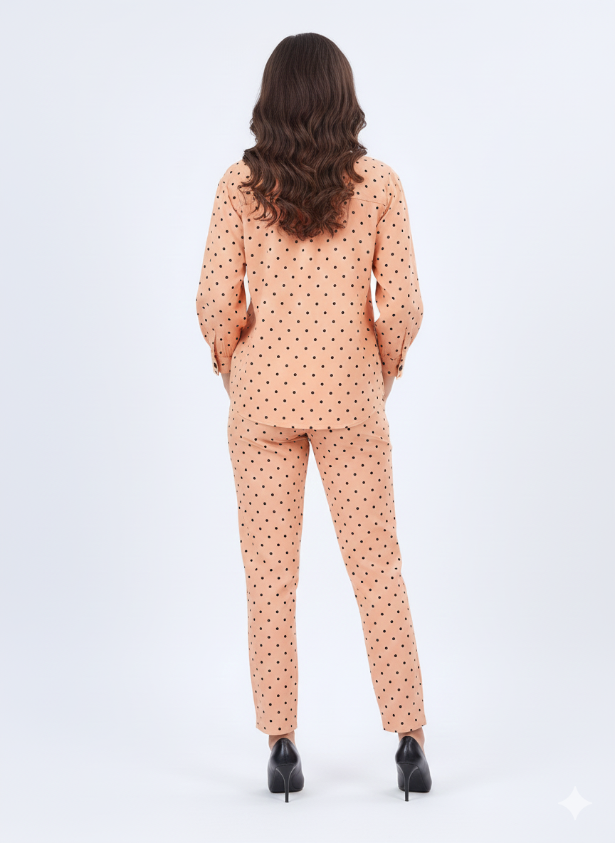Apricot Dot Co-ord Set | Rizqé Peach Polka Dot Chiffon Feel Long Sleeve Shirt and Trousers
