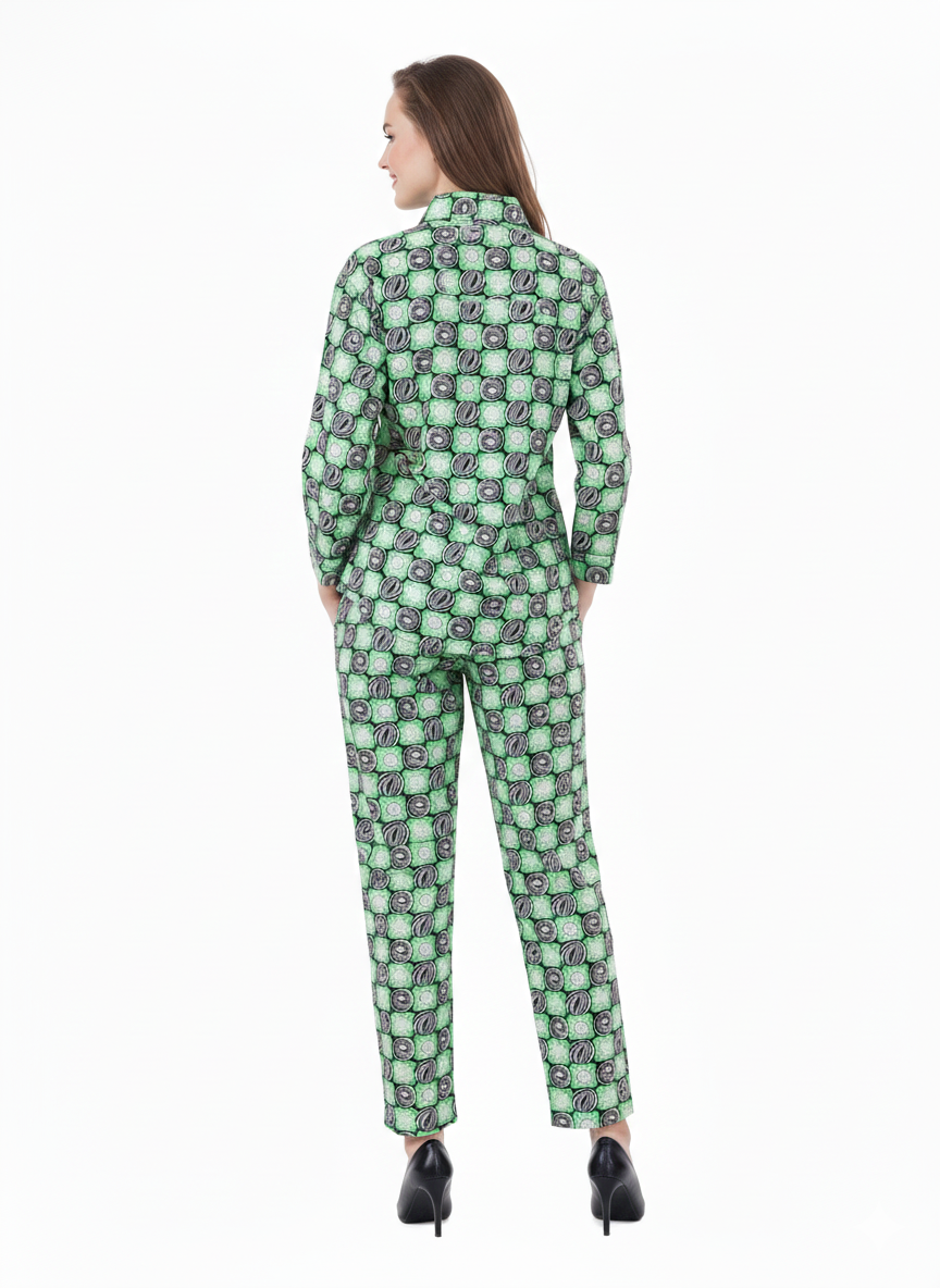 Mod Green Co-ord Set | Rizqé Geometric Print Chiffon Feel Long Sleeve Shirt and Trousers