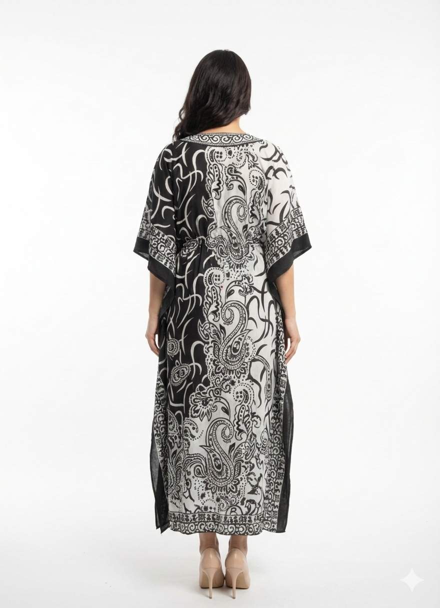 Rizqé Monochromatic Split Artisanal Drawstring Kaftan | Beach Wrap