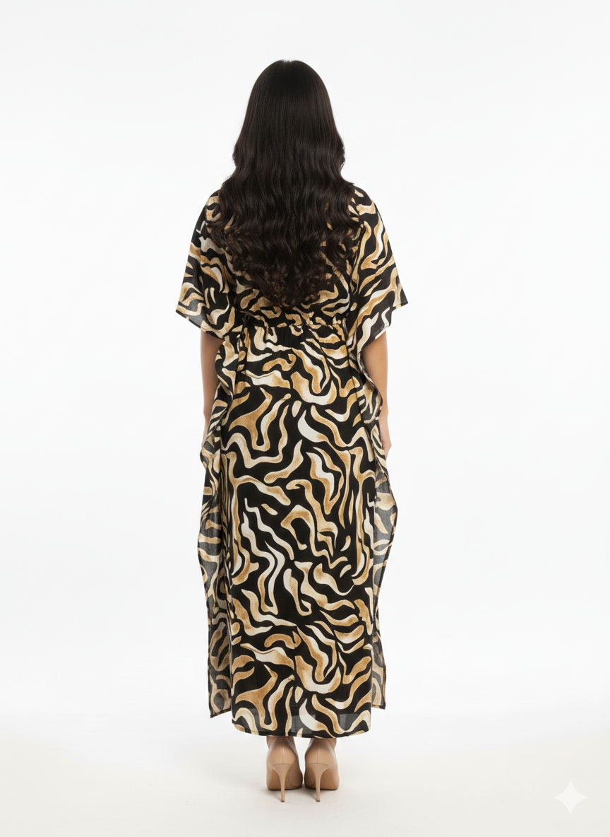Rizqé Golden Zebra Swirl Abstract Drawstring Kaftan | Beach Cover