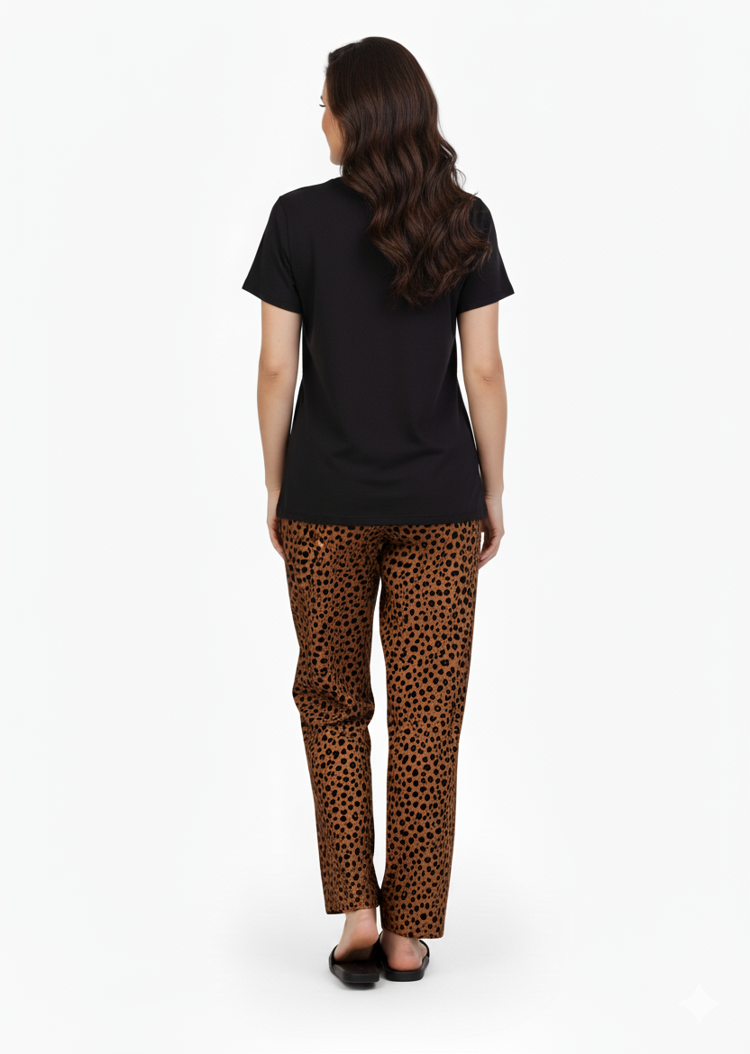 Black T-Shirt Brown Speckle Dot Print Pajamas Set | Loungewear | Rayon Comfort Nightwear