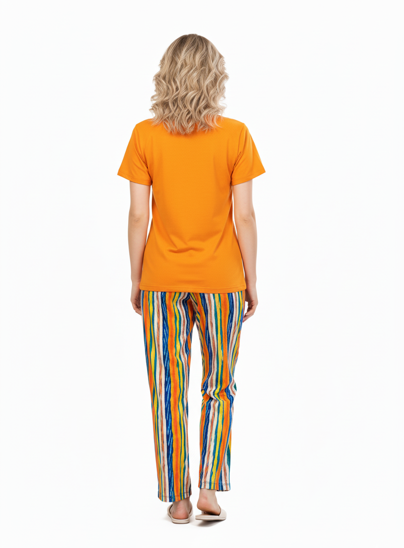 Orange T-Shirt Pajamas Set Abstract Striped Pants | Rayon Loungewear & Nightwear