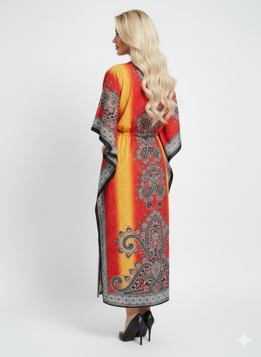 Ombré Yellow Red Paisley Kaftan | Modest Polyester Abaya Maxi Dress