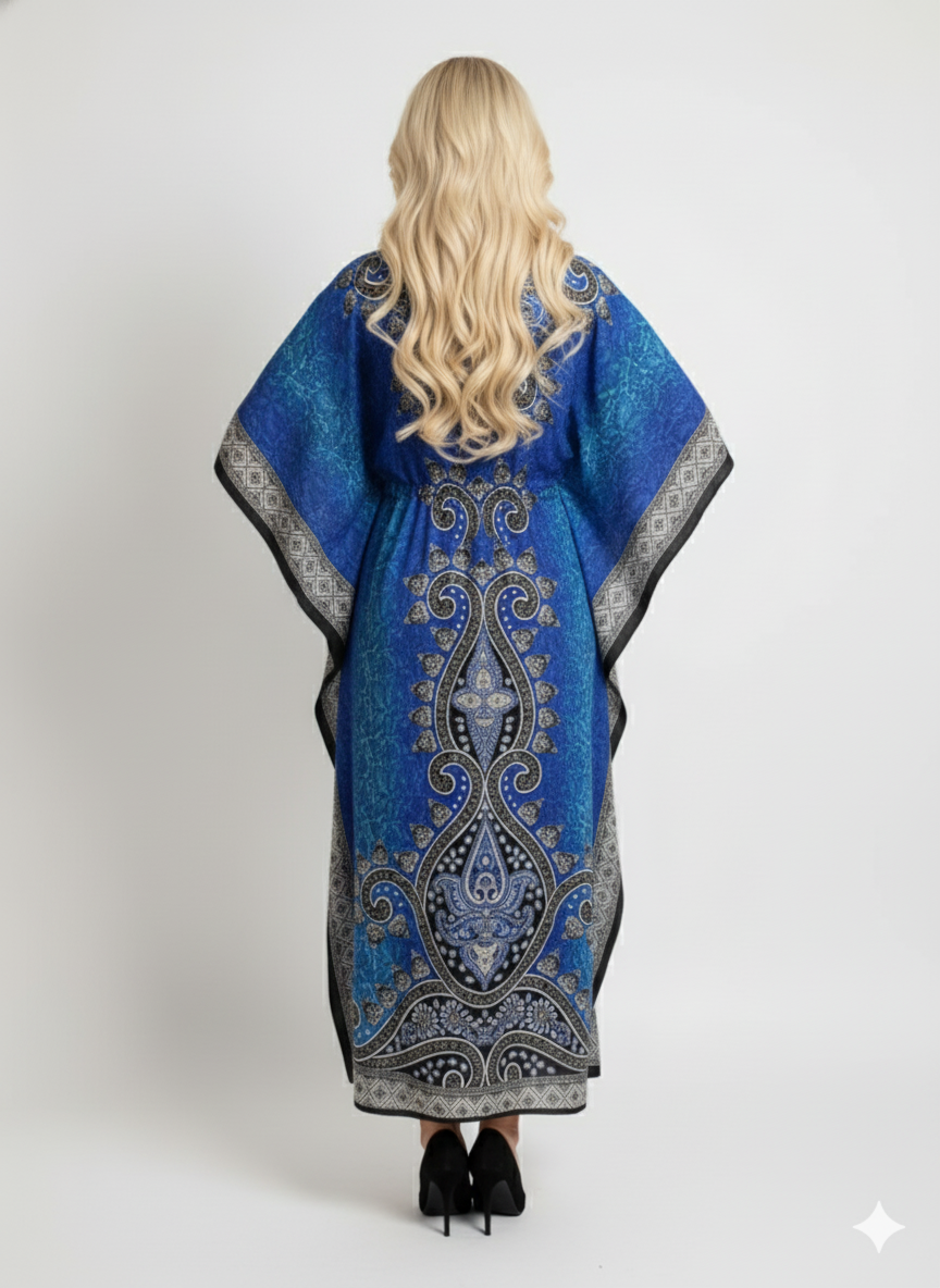 Stylish Blue Paisley Print Kaftan | Modest Polyester Abaya Maxi Dress | Jalabiya