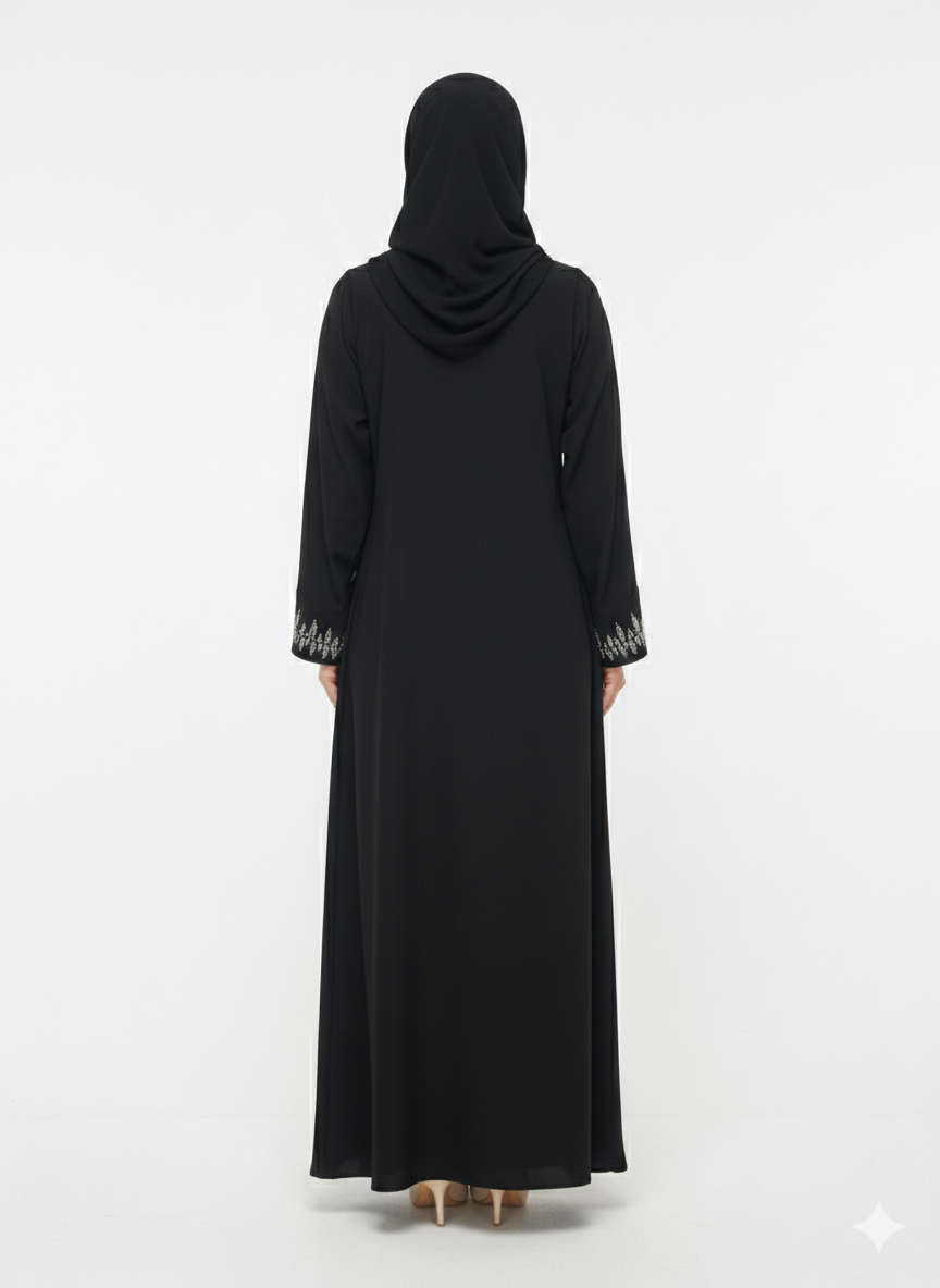 Rizqé Obsidian Frost Black Abaya with Silver Diamond Work