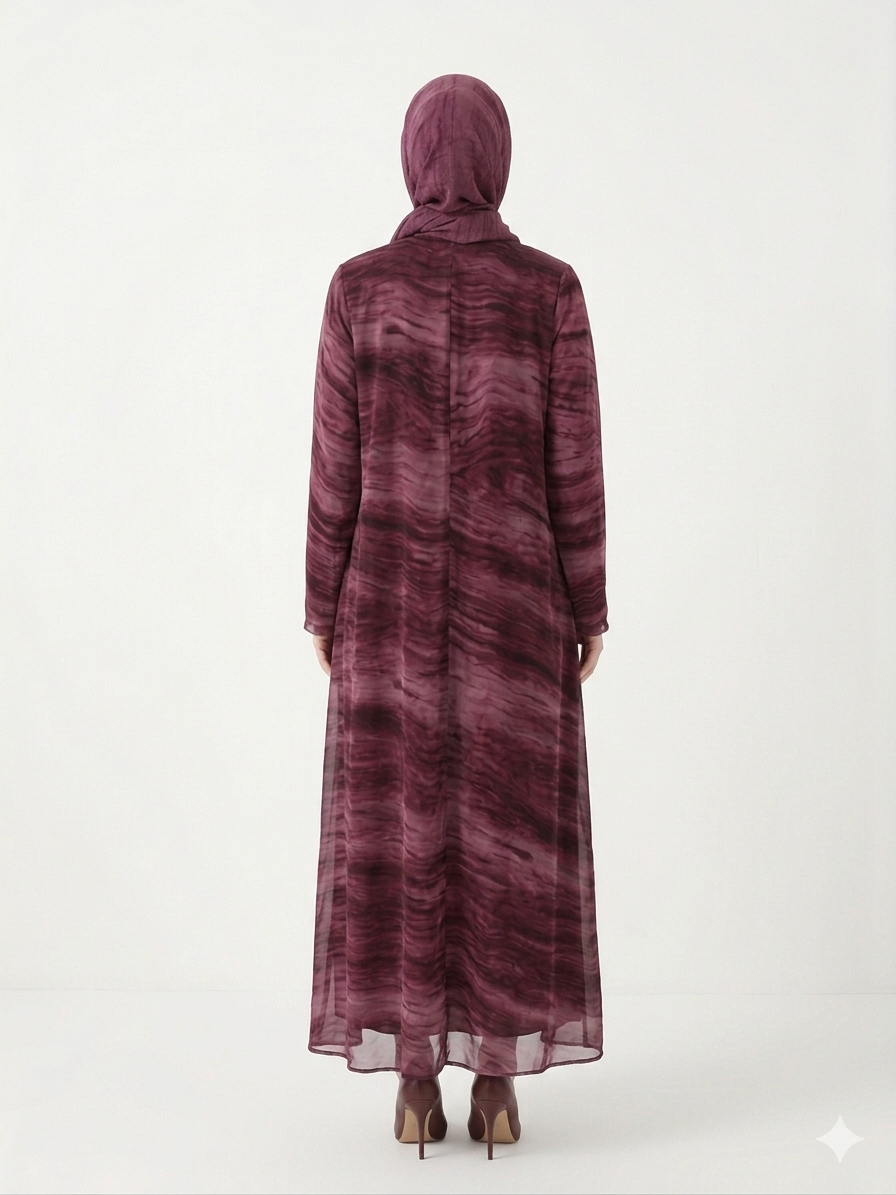 Rizqé Enchanting Wine Marble-Print Chiffon Modest Abaya