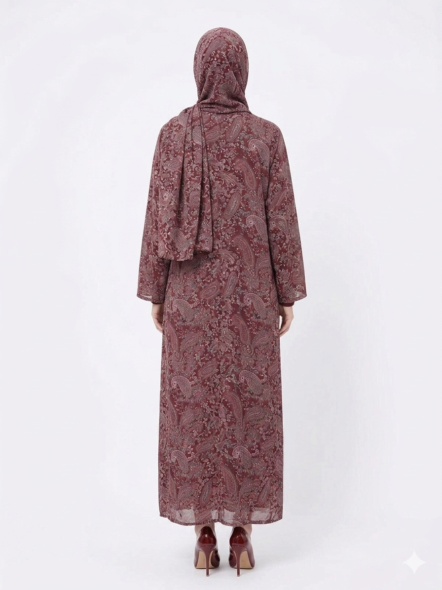 Rizqé Regal Bordeaux Paisley Pashmina Feel Kimono Abaya
