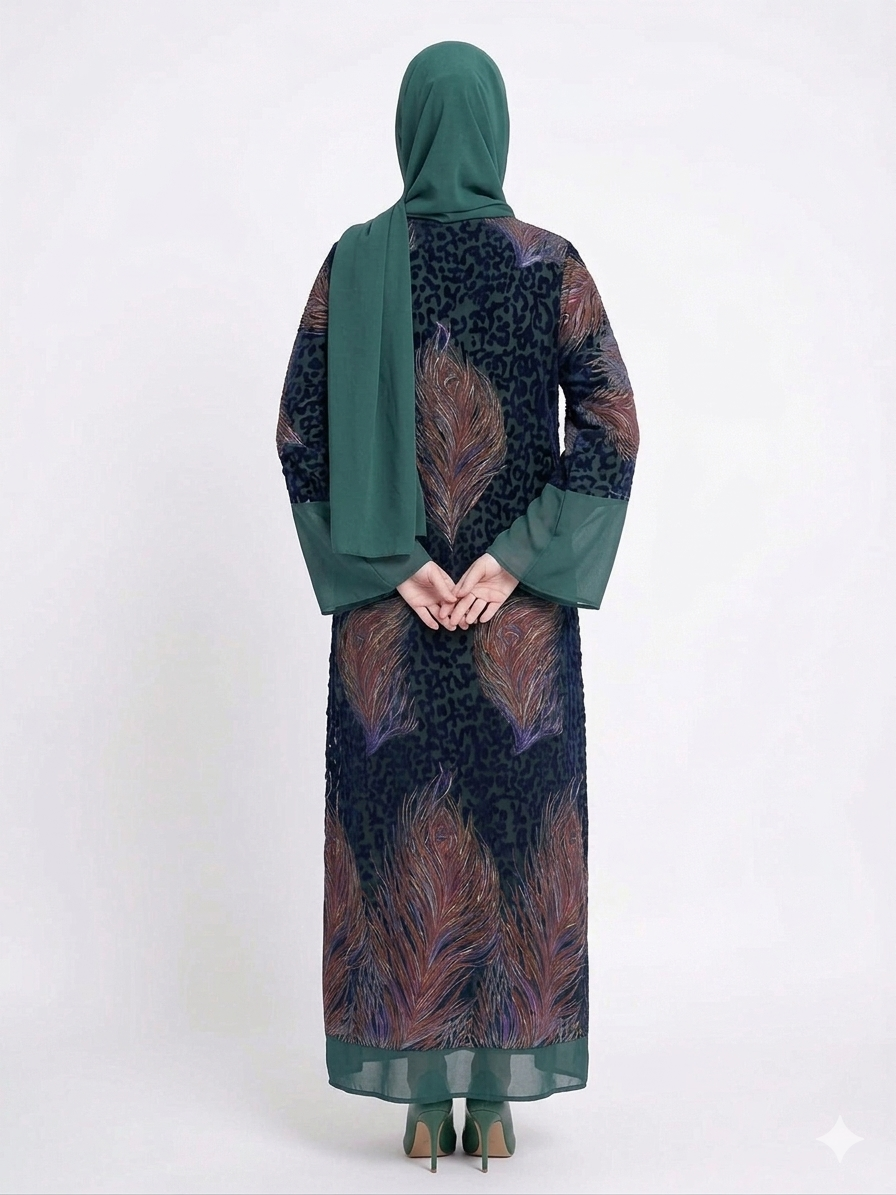 Rizqé Emerald Serenity Dark Green Sheer Chiffon Abaya