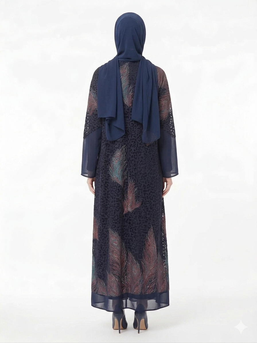 Rizqé Midnight Navy Sheer Chiffon Printed Abaya | Luxury Modest Wear