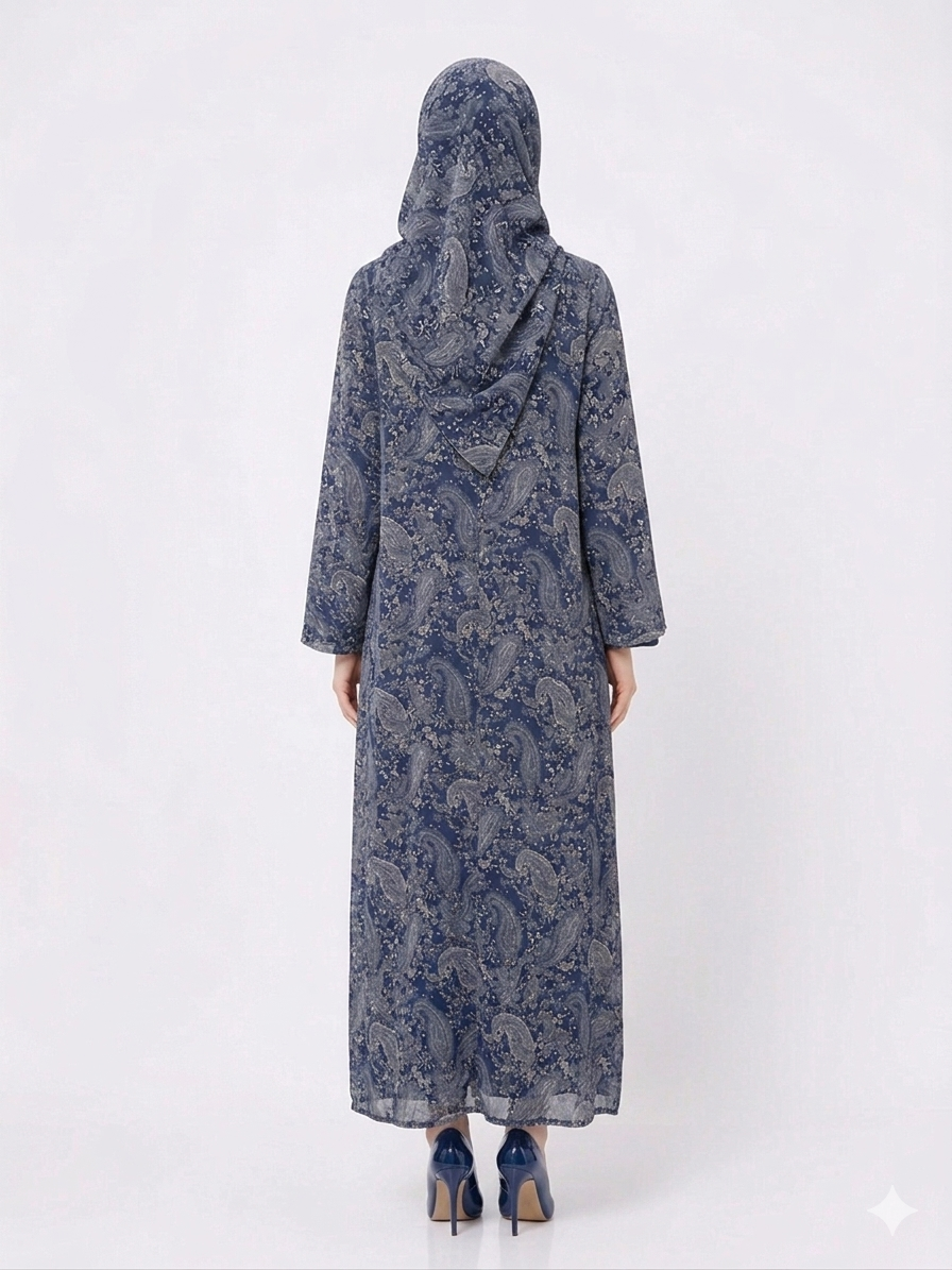 Rizqé Midnight Blue Paisley Pashmina-Feel Modest Kimono Abaya