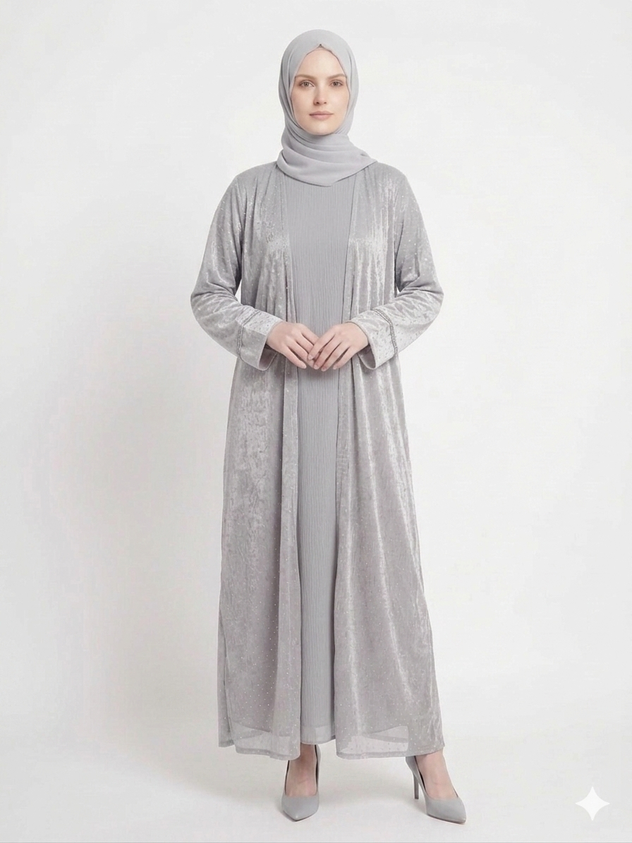 Rizqé Grey Mist Diamond Embellished Kimono Abaya | Elegant Sheer Modest Wear