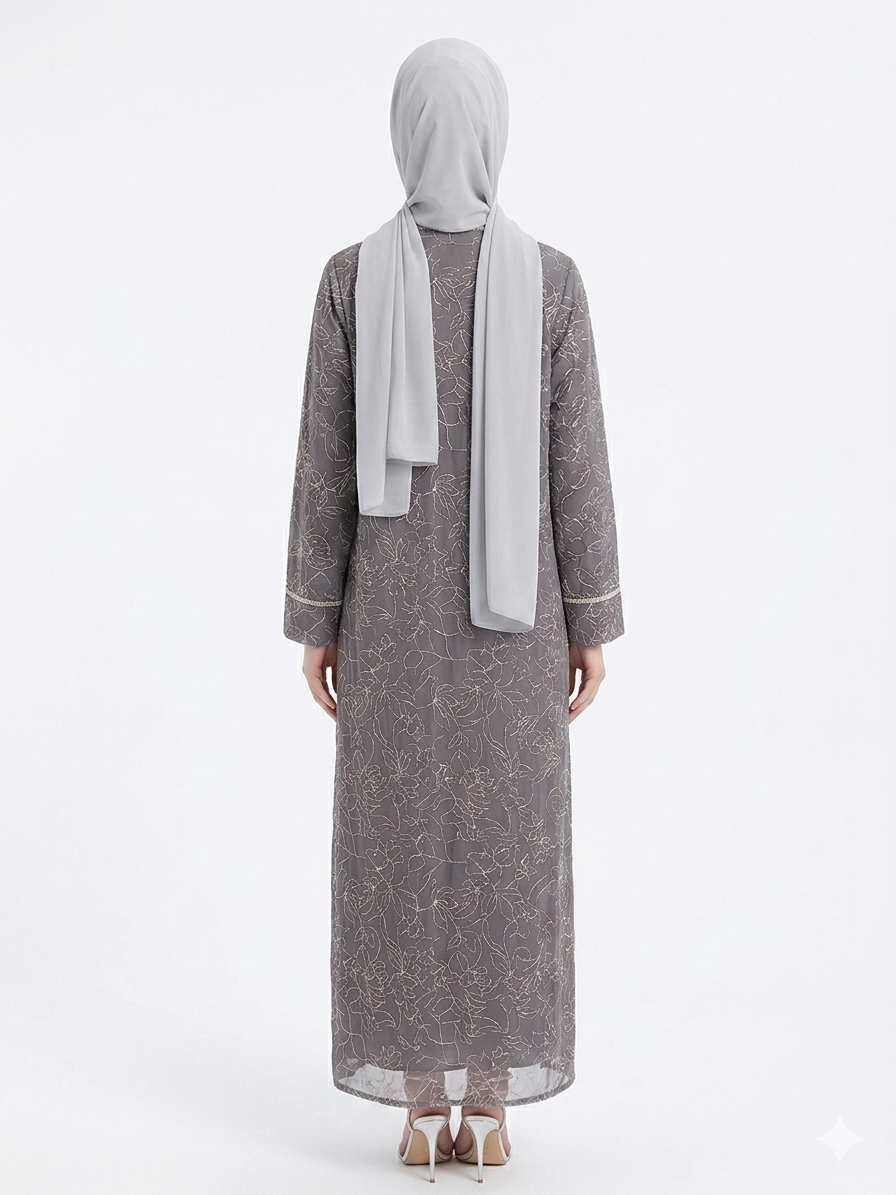 Rizqé Silver Grey Flora Sheer Kimono Elegant Abaya
