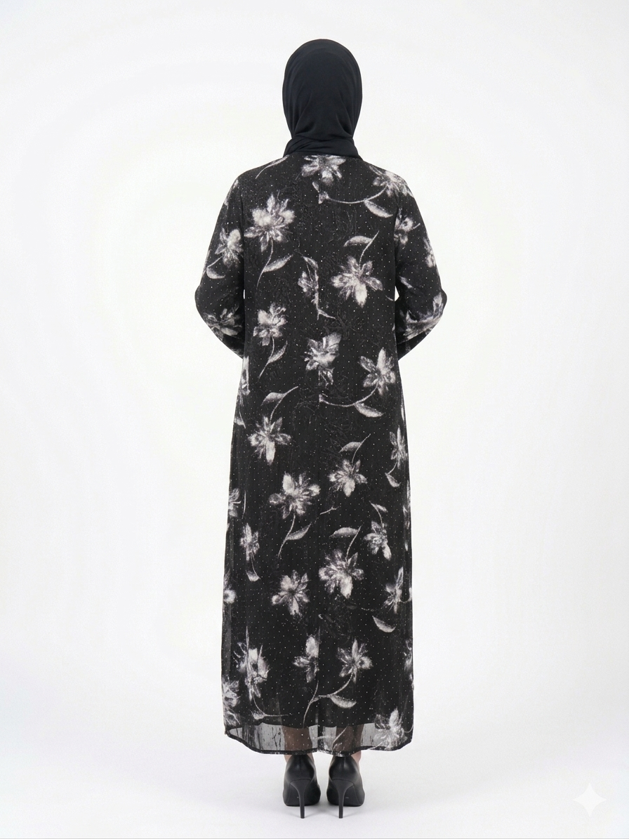 Rizqé Midnight Black and White Flora Sheer Kimono Abaya