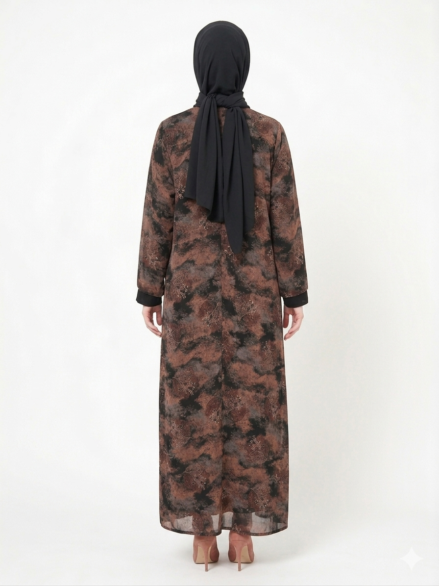 Rizqé Chocolate & Black Printed Elegant Nida Abaya