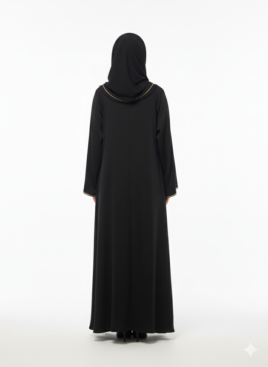 Black Abaya | Gold Trim Ribbon Detailing | Dramatic Bell Sleeve Silhouette | Rizqé Luxury Modest Wear