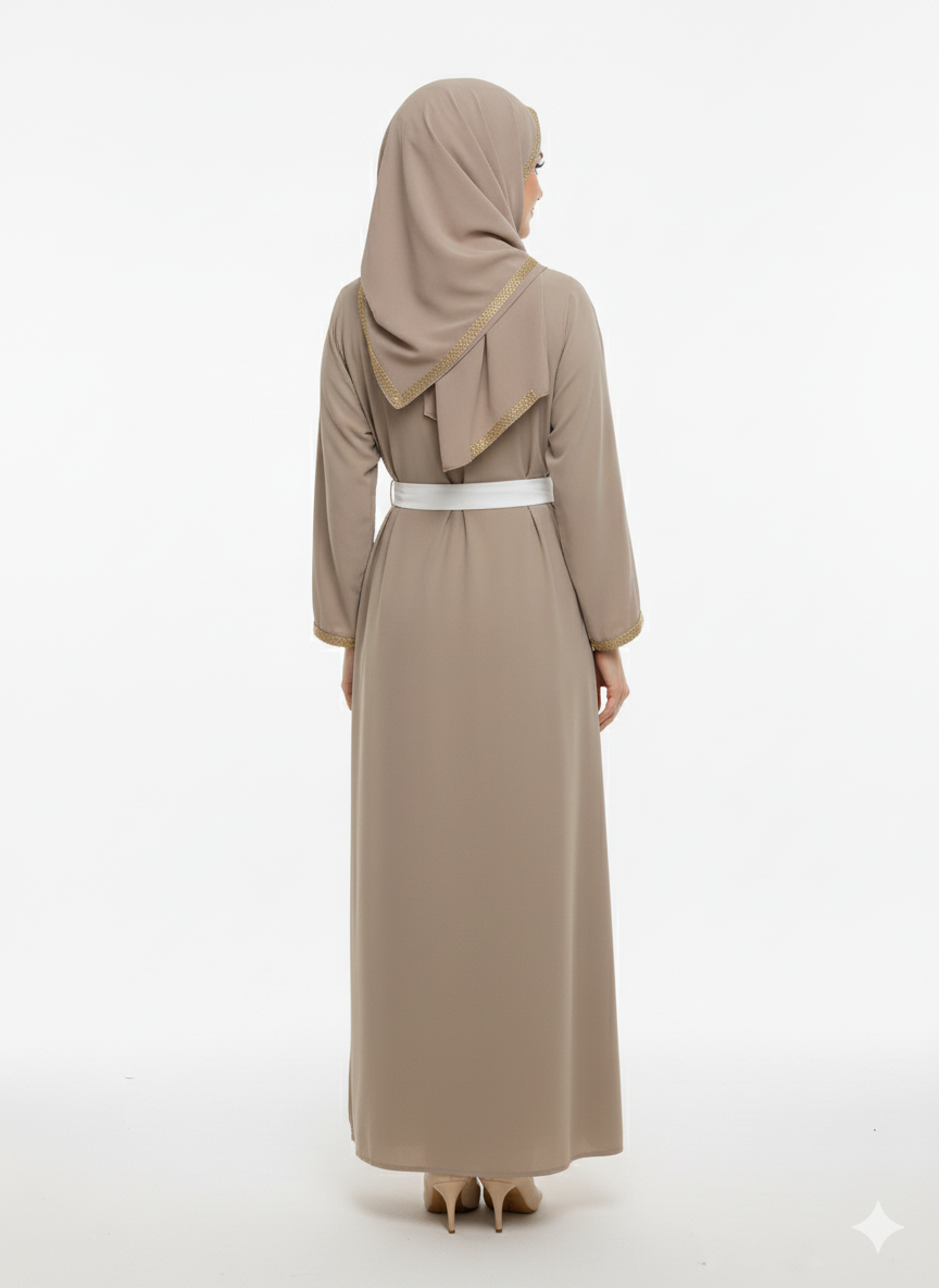 Taupe Open Abaya | Gold Trim Belted | Rizqé White Inner Dress Modest Fashion