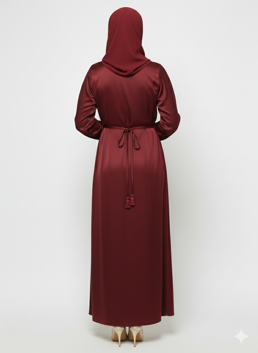 Burgundy Rizqé Satin Abaya | Silver Floral Embellishment | Tasseled Belt Luxury Modest Dress