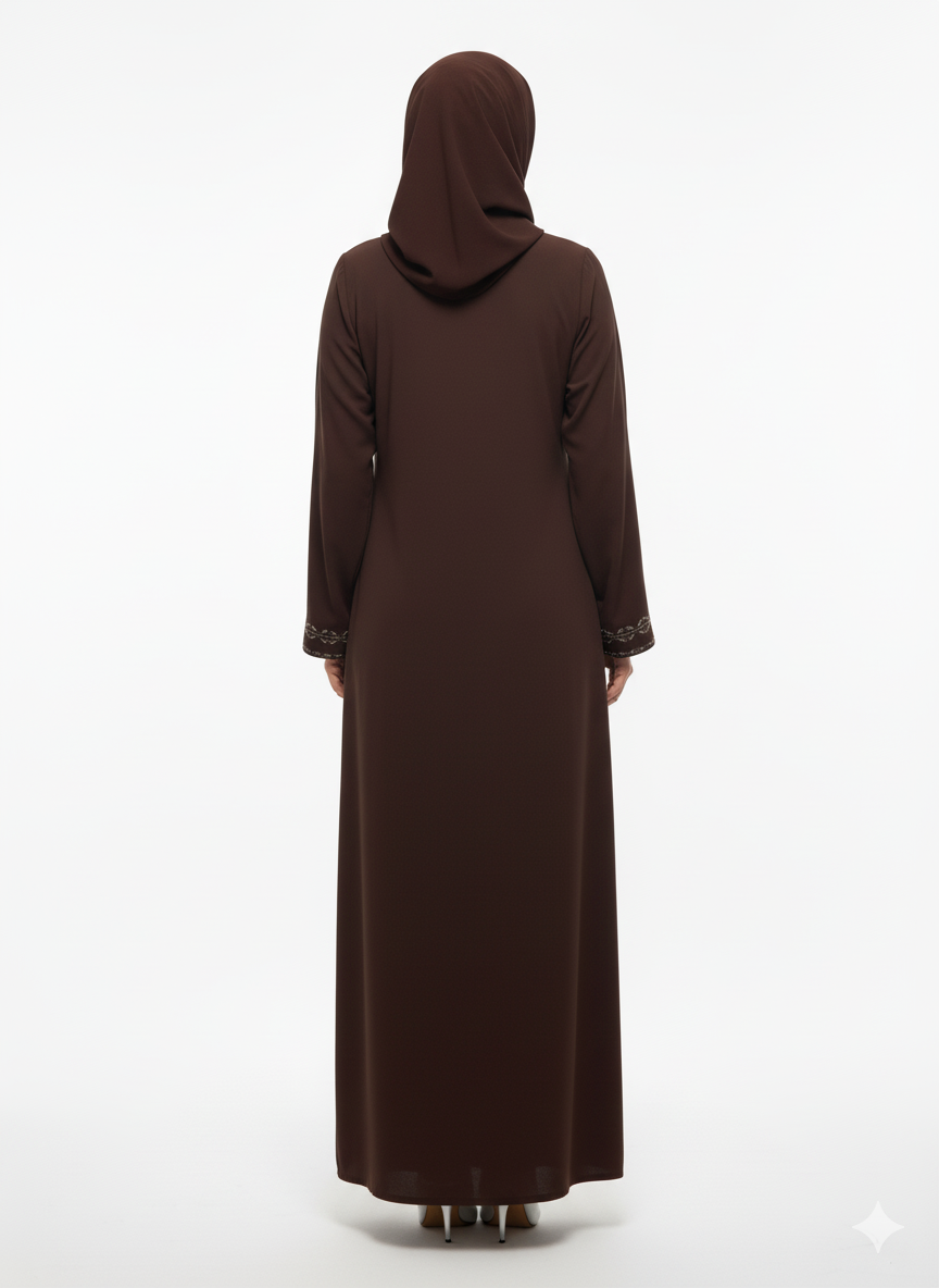 Cocoa Brown Chiffon & Satin Abaya | Rizqé Slim-Fit A-Line | Artisan Vertical Embellishment Modest Dress