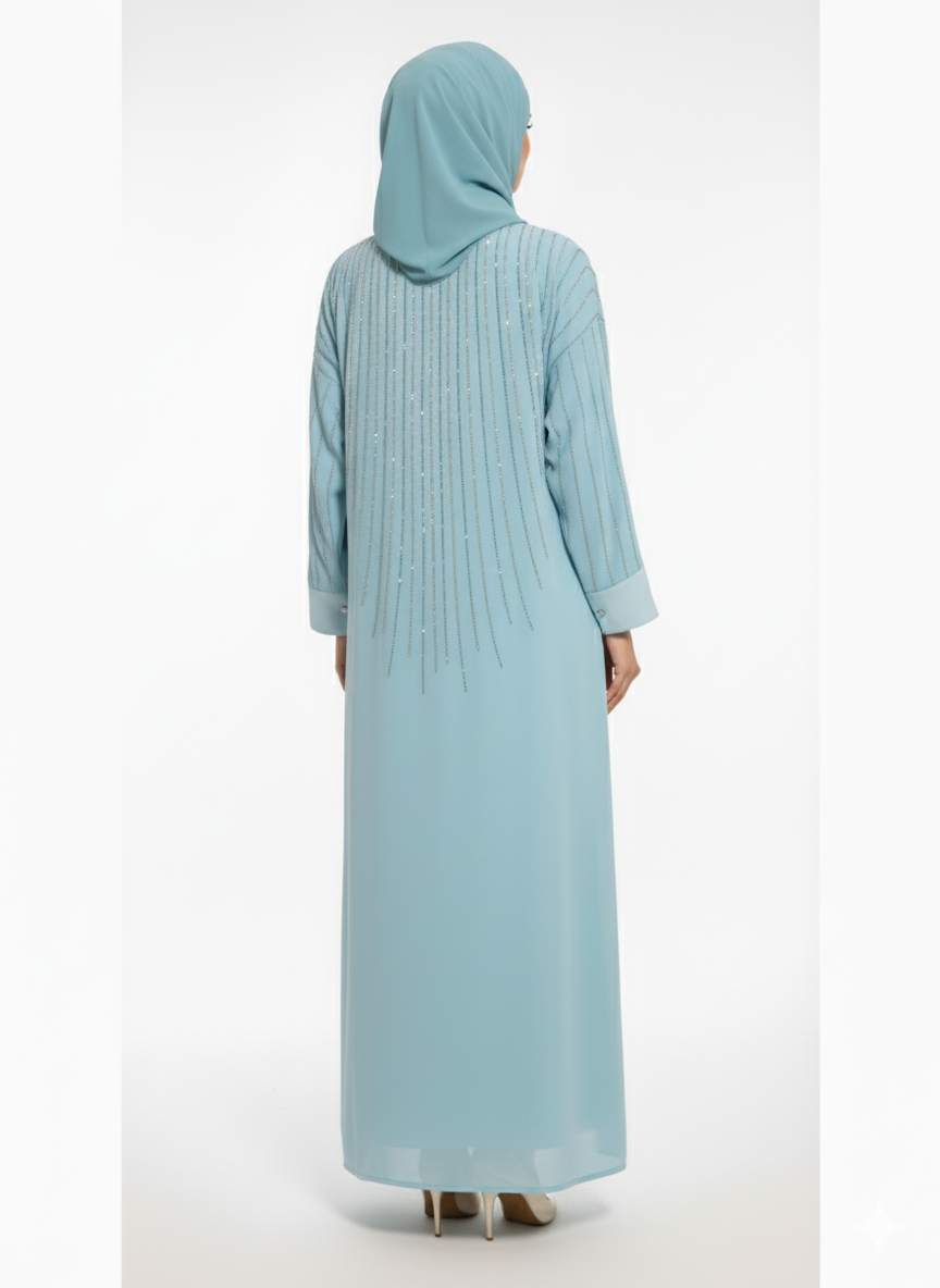 Rizqé Aqua Blue Chiffon Abaya | Silver Sequin Embellished Yoke | Flowing Butterfly Silhouette | Ethereal Occasion Wear