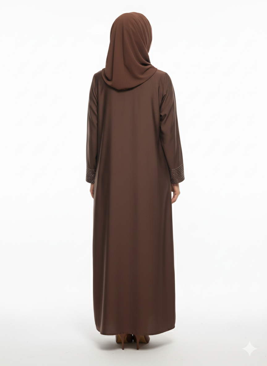 Rizqé Mocha Brown Closed Abaya | Silver Geometric Thread Embellishment | A-Line Silhouette & Fitted Sleeve Cuffs