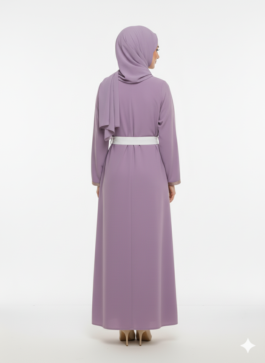 Rizqé Lavender Open Jacket Abaya | White Contrast Inner Panel | Rose-Gold Trim Detail & Tie-Belt | Pastel Luxury Modesty Wear