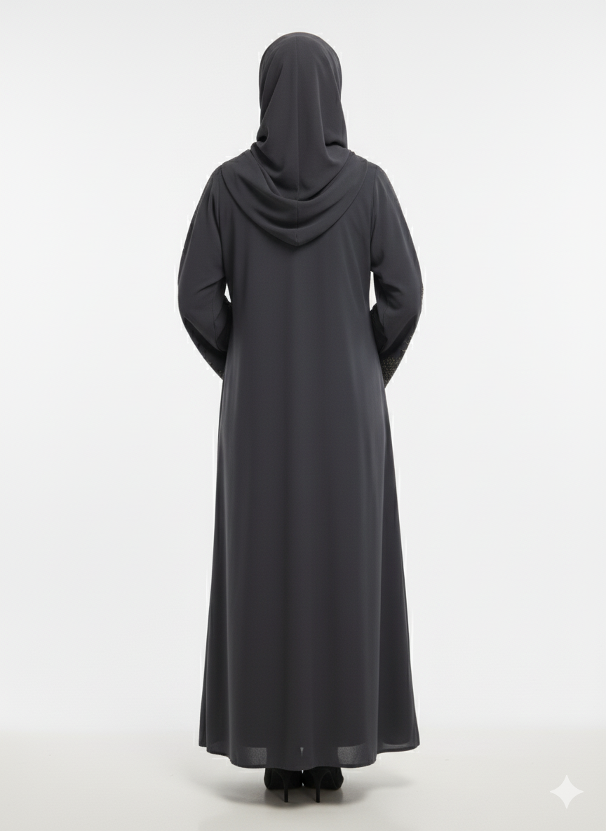 Rizqé Charcoal Gray Nida Abaya | Micro-Pleat Sleeve and Hem Detail | Silver Piped Open Front | Contemporary Modesty Wear