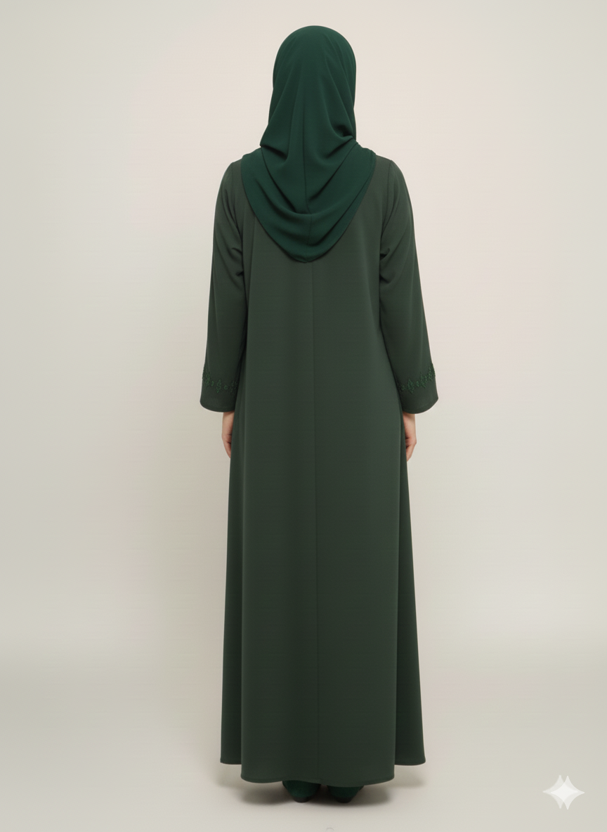 Emerald Forest Crystal Abaya | Rizqé Luxury Green Stonework Premium Modest Wrap Dress
