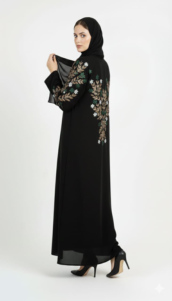 Obsidian Noir Hand-Embroidered Abaya | Rizqé Luxury Crystal & Beadwork Open Wrap