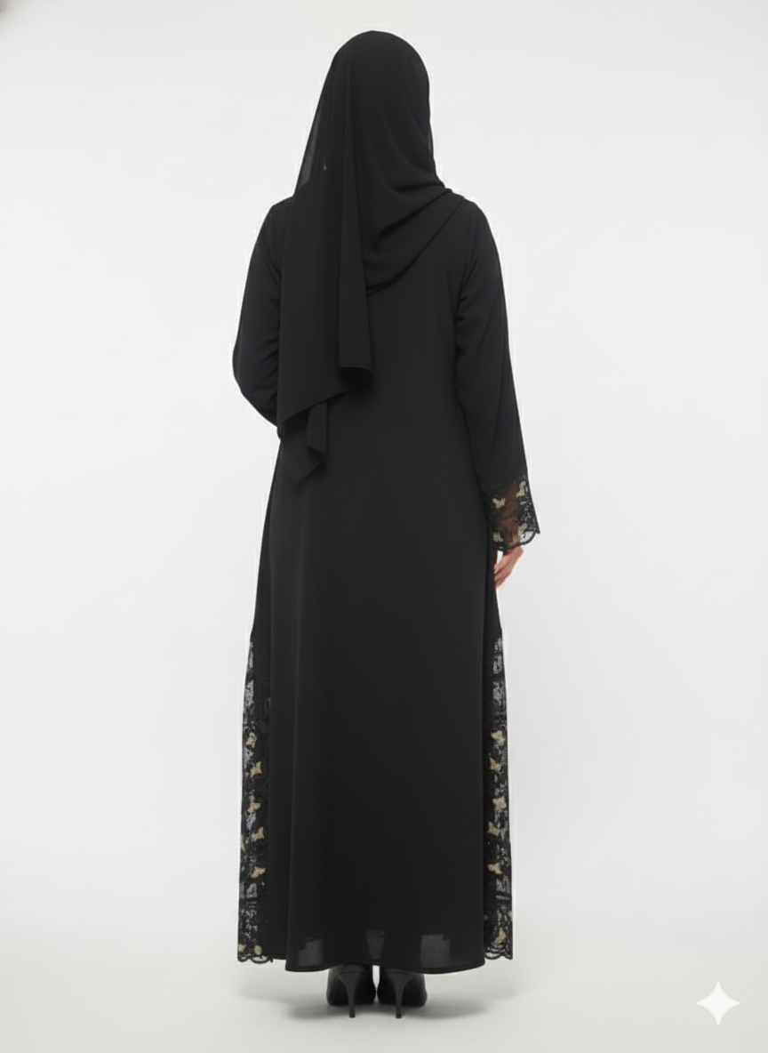 Noir Lattice Side-Detail Abaya | Rizqé Black Sheer Net Embroidered Luxury Wrap