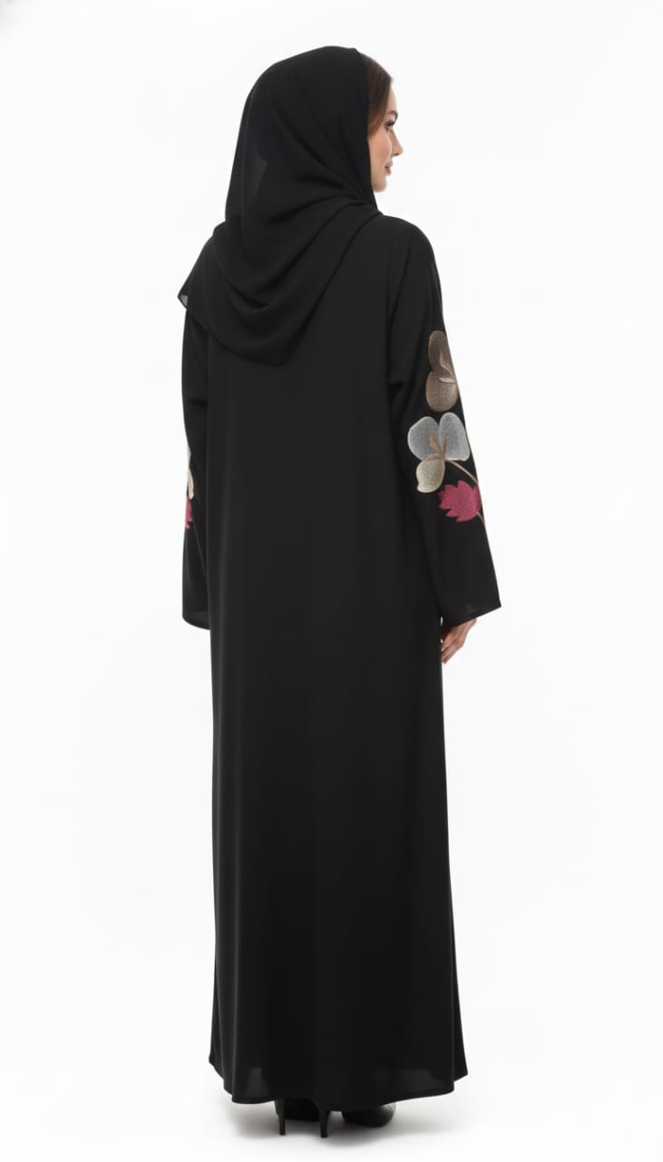 Midnight Bloom Black Abaya | Rizqé Luxury Vibrant Floral Hand-Embroidered Open Wrap