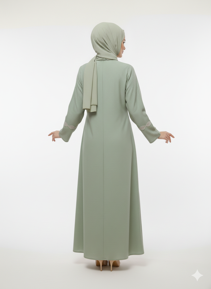Sage Green Mirror Work Abaya | Rizqé Luxury Sheesha Embellished Modest Open Wrap Dress