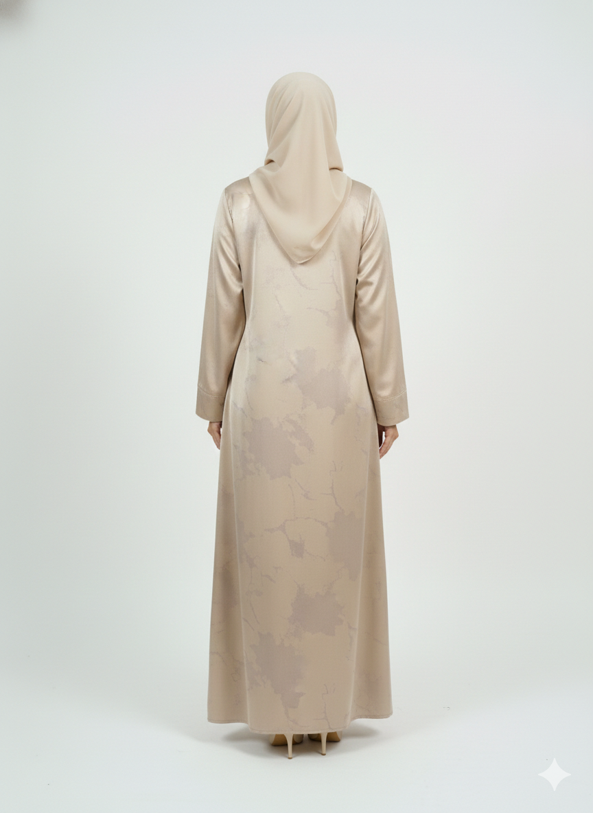 Champagne Beige Satin Abaya | Rizqé Luxury Silk-Finish Floral Print Modest Wrap